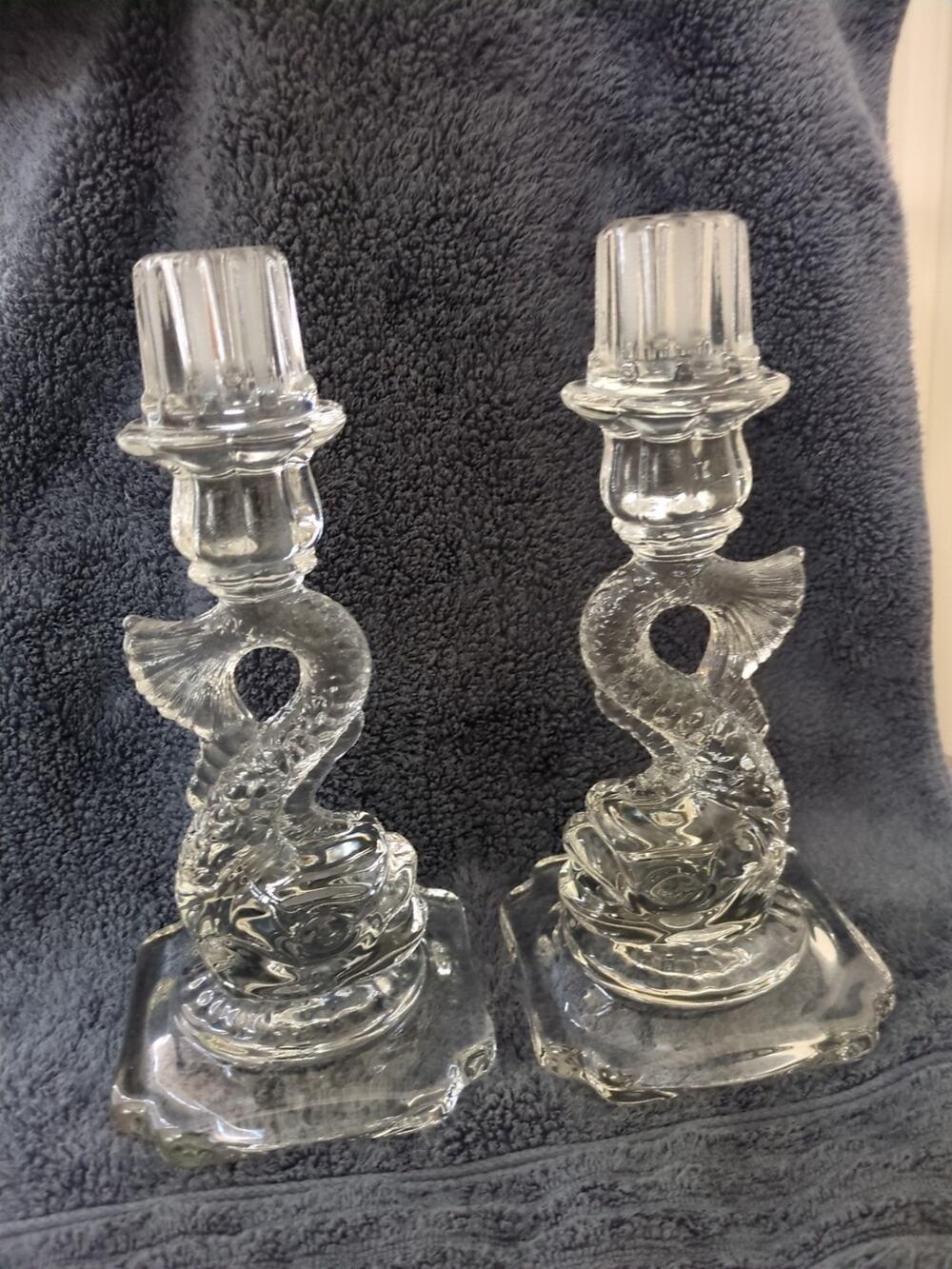 Cambridge #50 Dolphin Koi Candlesticks With Extended Sockets Gorgeous Glass!